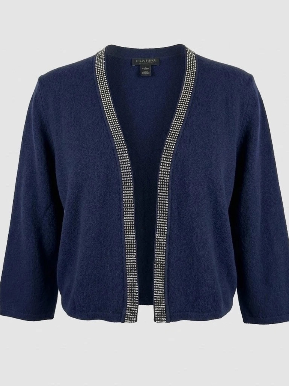 Saks Fifth Avenue Navy Open-Front Embellished Trim Cashmere Sweater